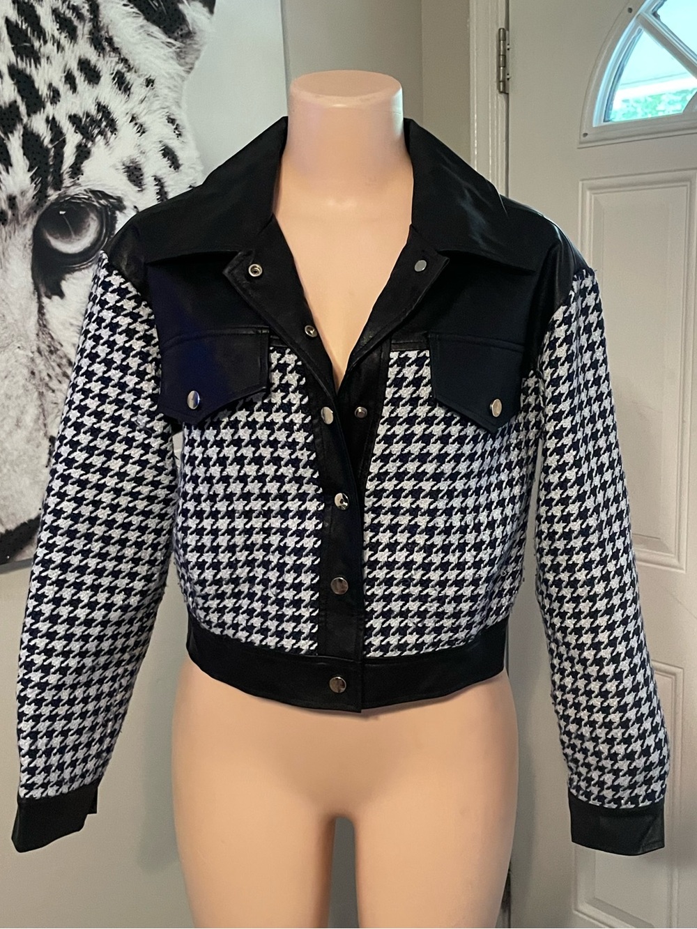 WD NY Houndstooth Faux leather Jacket - Women Classic texture clueless small